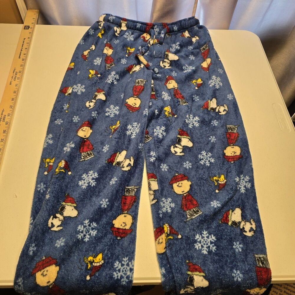 Peanuts Pajama Pants unisex small Blue Snoopy Christmas Sleepwear Fleece